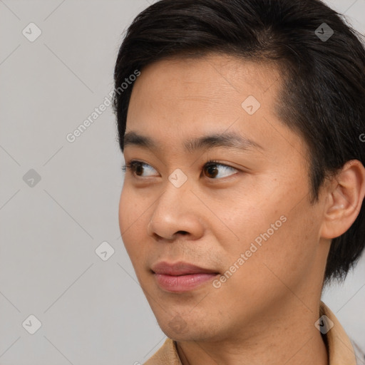 Neutral asian young-adult male with short  brown hair and brown eyes