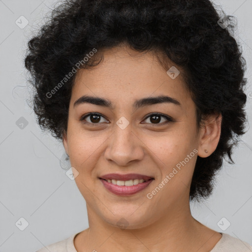 Joyful latino young-adult female with short  brown hair and brown eyes