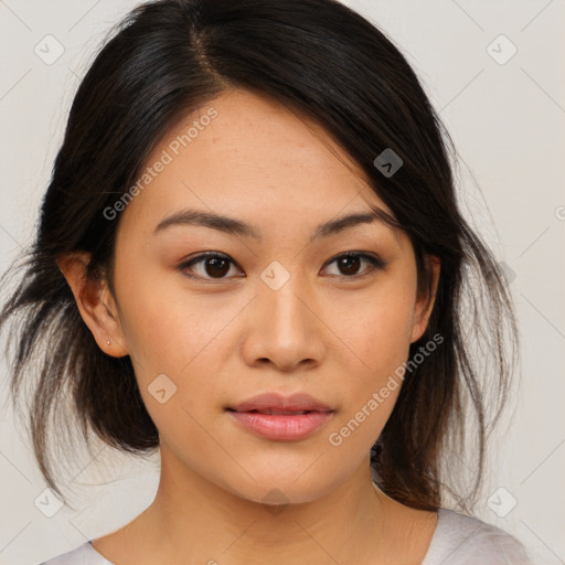 Neutral asian young-adult female with medium  brown hair and brown eyes