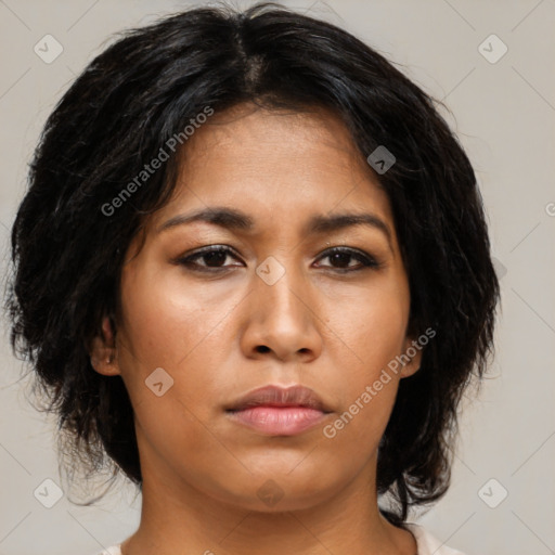 Neutral asian young-adult female with medium  brown hair and brown eyes