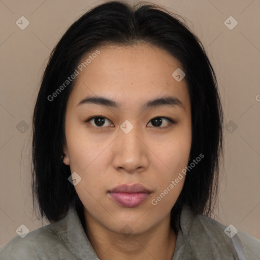 Neutral asian young-adult female with medium  black hair and brown eyes