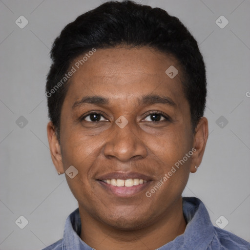 Joyful latino adult male with short  black hair and brown eyes