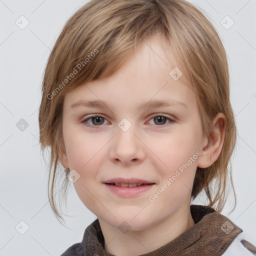 Joyful white child female with medium  brown hair and grey eyes