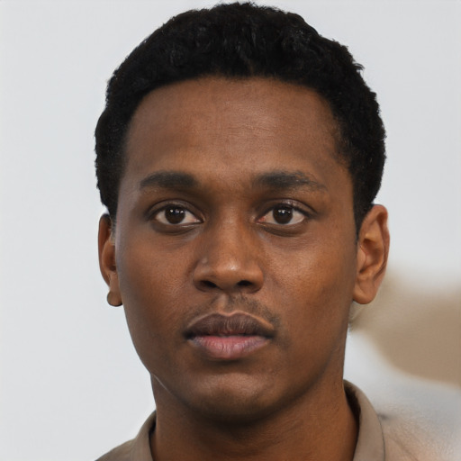 Neutral black young-adult male with short  black hair and brown eyes