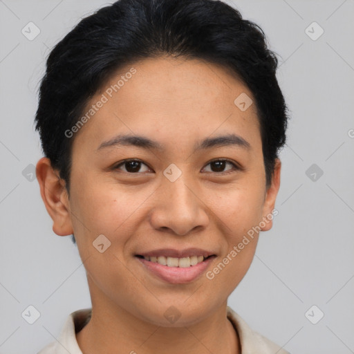 Joyful asian young-adult female with short  brown hair and brown eyes