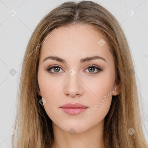 Neutral white young-adult female with long  brown hair and brown eyes