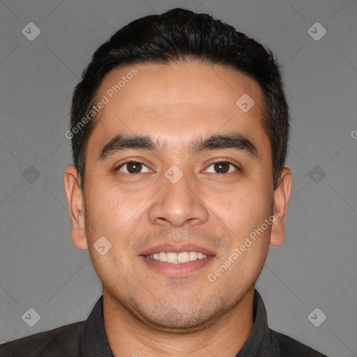 Joyful white young-adult male with short  black hair and brown eyes