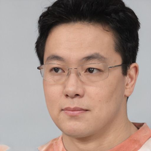 Neutral asian adult male with short  black hair and brown eyes