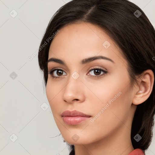 Neutral white young-adult female with medium  brown hair and brown eyes