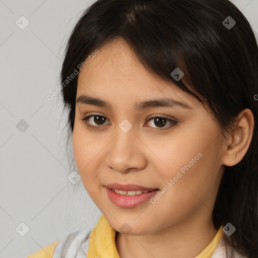 Joyful white young-adult female with medium  brown hair and brown eyes