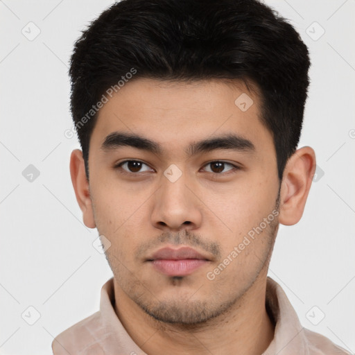 Neutral asian young-adult male with short  black hair and brown eyes