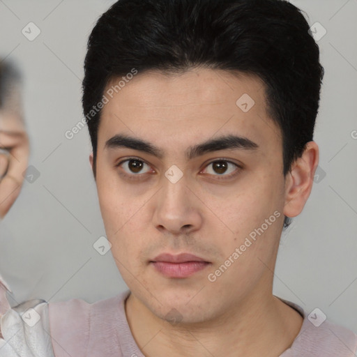 Neutral latino young-adult male with short  brown hair and brown eyes