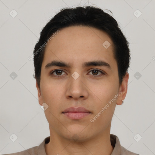 Neutral asian young-adult male with short  black hair and brown eyes