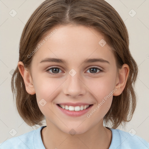 Joyful white child female with medium  brown hair and brown eyes