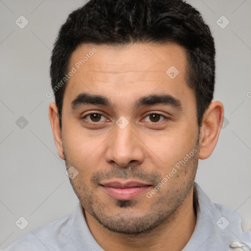 Neutral white young-adult male with short  black hair and brown eyes