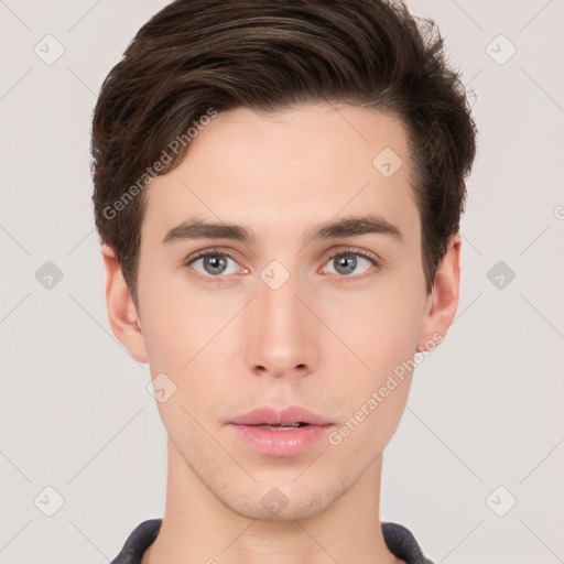 Neutral white young-adult male with short  brown hair and brown eyes