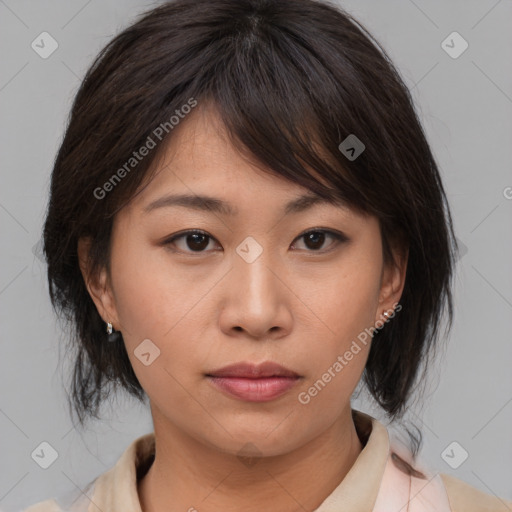 Neutral asian young-adult female with medium  brown hair and brown eyes