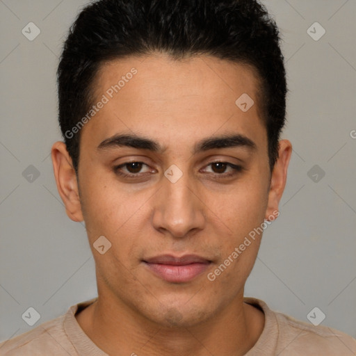 Joyful latino young-adult male with short  brown hair and brown eyes