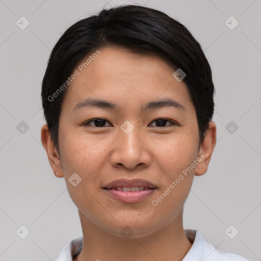 Joyful asian young-adult female with short  brown hair and brown eyes