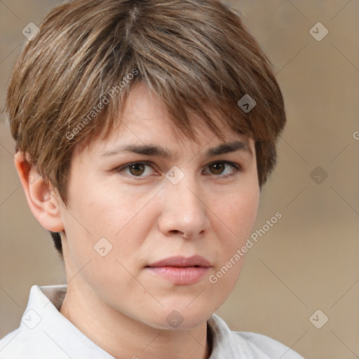 Neutral white young-adult female with short  brown hair and brown eyes