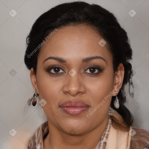 Joyful latino young-adult female with long  brown hair and brown eyes