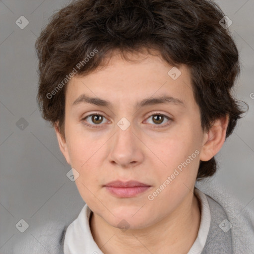 Neutral white young-adult female with short  brown hair and brown eyes