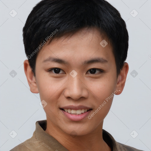 Joyful asian young-adult female with short  black hair and brown eyes