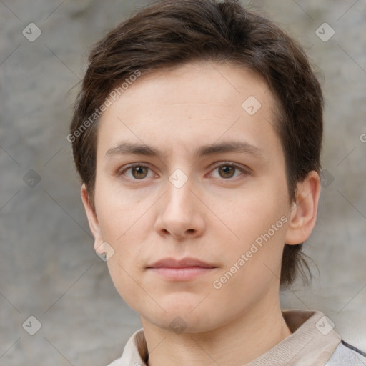 Neutral white young-adult female with short  brown hair and brown eyes