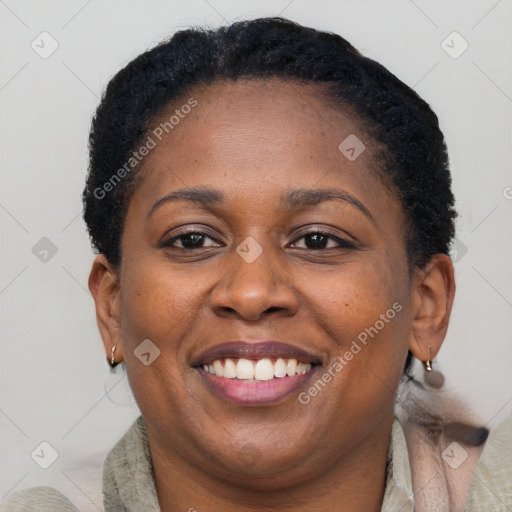 Joyful latino adult female with short  brown hair and brown eyes