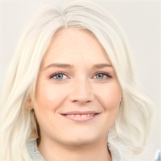 Joyful white young-adult female with medium  blond hair and blue eyes