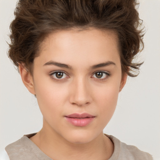 Neutral white young-adult female with short  brown hair and brown eyes