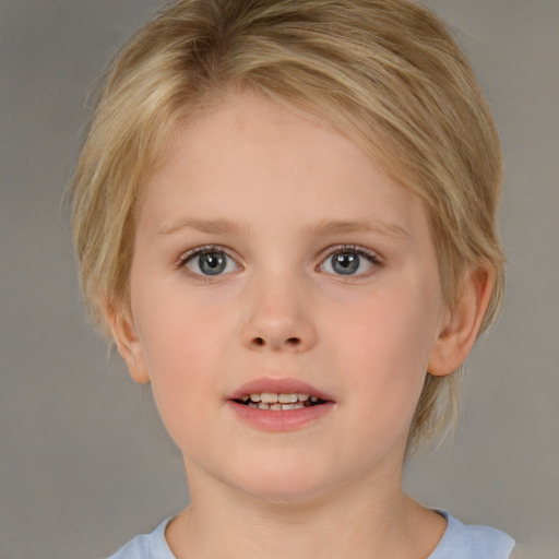 Joyful white child female with medium  blond hair and brown eyes