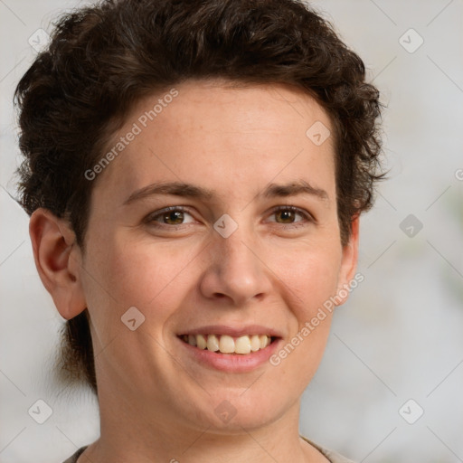 Joyful white adult female with short  brown hair and brown eyes