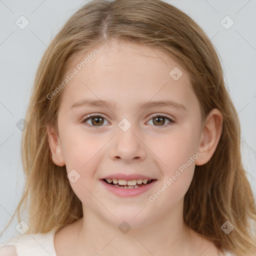 Joyful white child female with medium  brown hair and brown eyes