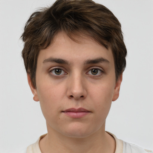 Neutral white young-adult female with short  brown hair and grey eyes