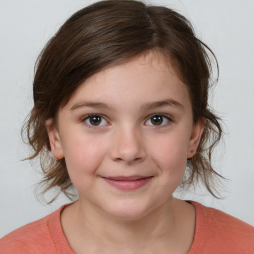 Joyful white child female with medium  brown hair and brown eyes