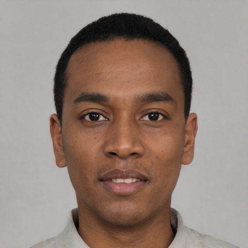 Neutral black young-adult male with short  black hair and brown eyes