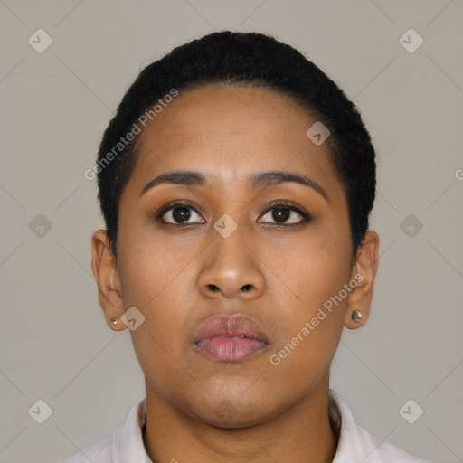 Neutral black young-adult female with short  black hair and brown eyes