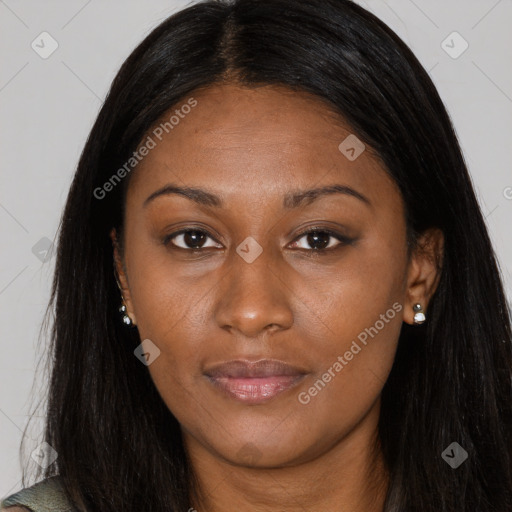 Joyful asian young-adult female with long  brown hair and brown eyes