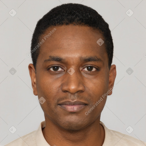 Neutral black young-adult male with short  black hair and brown eyes