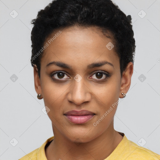 Joyful black young-adult female with short  black hair and brown eyes