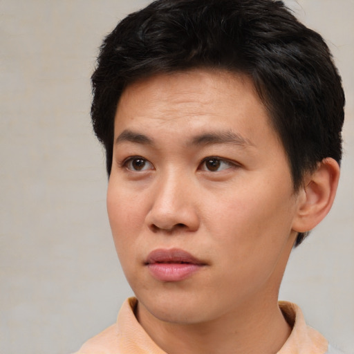 Neutral asian young-adult male with short  brown hair and brown eyes