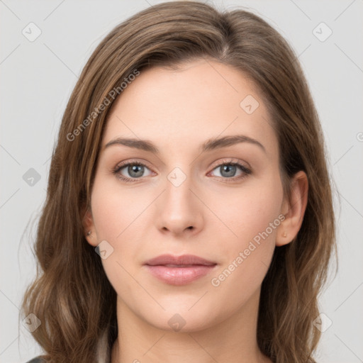 Neutral white young-adult female with medium  brown hair and grey eyes