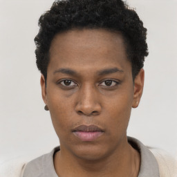 Neutral black young-adult male with short  black hair and brown eyes