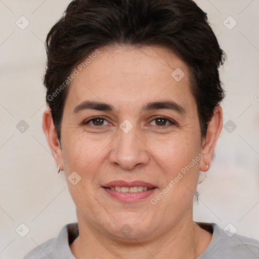 Joyful white adult female with short  brown hair and brown eyes