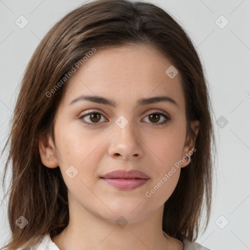 Neutral white young-adult female with medium  brown hair and brown eyes