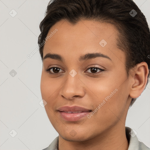 Joyful white young-adult female with short  brown hair and brown eyes