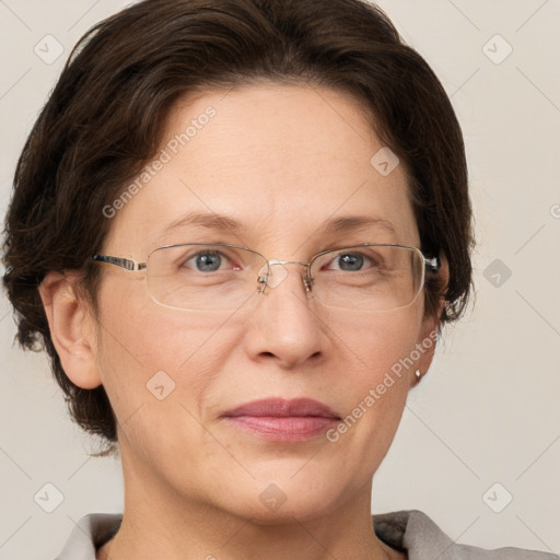 Joyful white adult female with short  brown hair and grey eyes