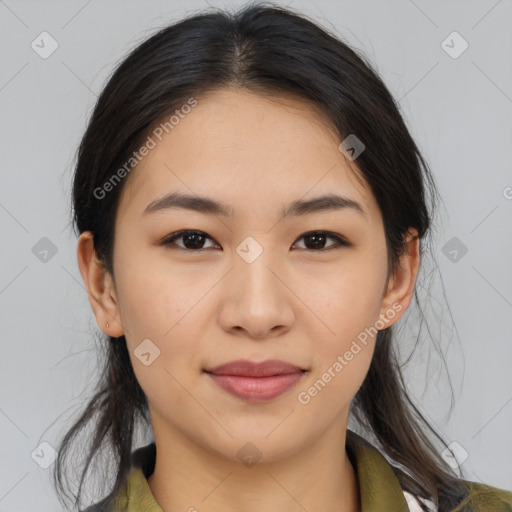 Joyful asian young-adult female with medium  brown hair and brown eyes