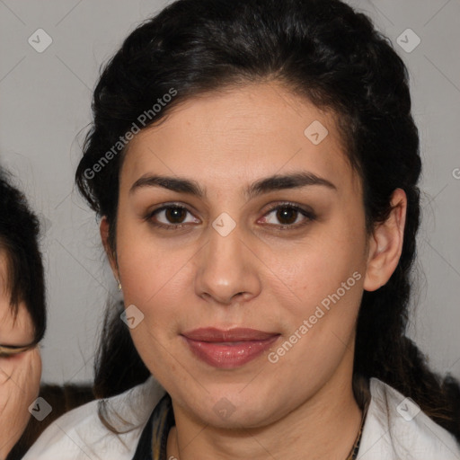 Joyful latino young-adult female with medium  brown hair and brown eyes